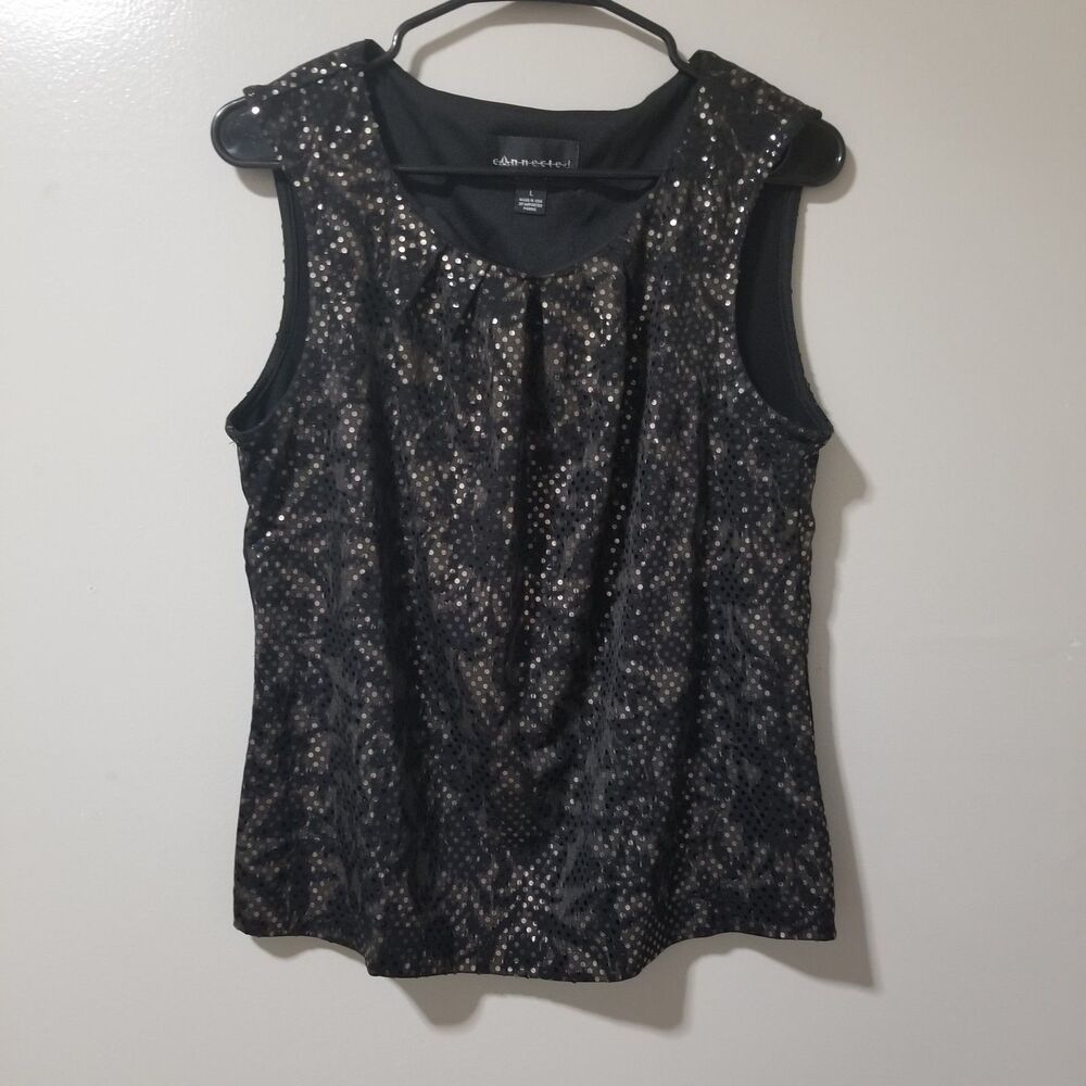 Connected Apparel Women's Blouse Large Black Sequin Sleeveless Top